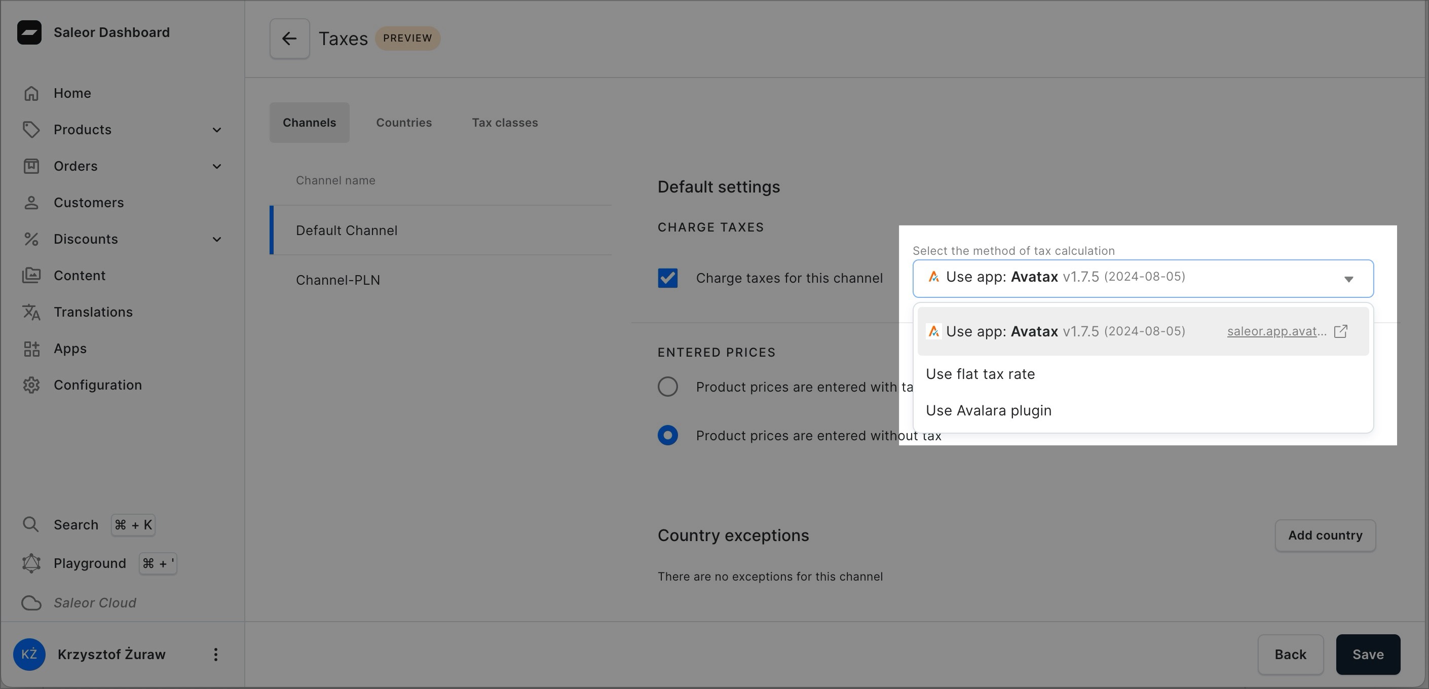 A screenshot of the Saleor Dashboard in the &quot;Taxes&quot; section. A highlighted dropdown menu allows the selection of tax calculation methods, including options for using the &quot;Avalara&quot; app and a flat tax rate.